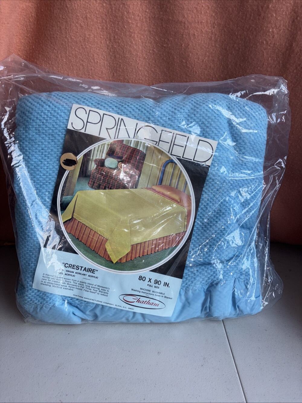Springfield Crestaire Blanket Chatham 80"x90" Solid Baby Blue Satin Trim NEW